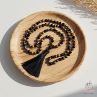 Hematite Tigers Eye & Obsidian Tassel Necklace | 108 Mala Beads Jewelry