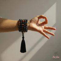 Hematite Tigers Eye & Obsidian Tassel Necklace | 108 Mala Beads Jewelry