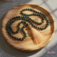 Moss Agate Tassel Necklace | 108 Mala Beads Jewelry