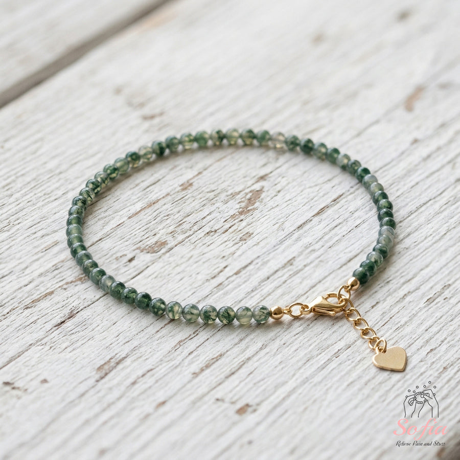 Moss Agate Bracelet Polished Beads | Minimalist Dainty Jewelry Stackable