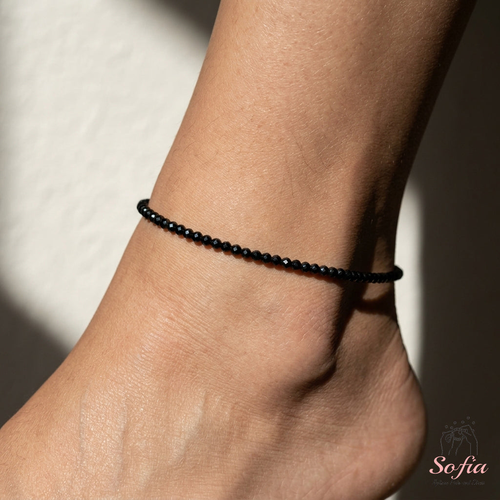 Obsidian Anklet | 3MM Faceted Beads | Dainty Crystal Jewelry