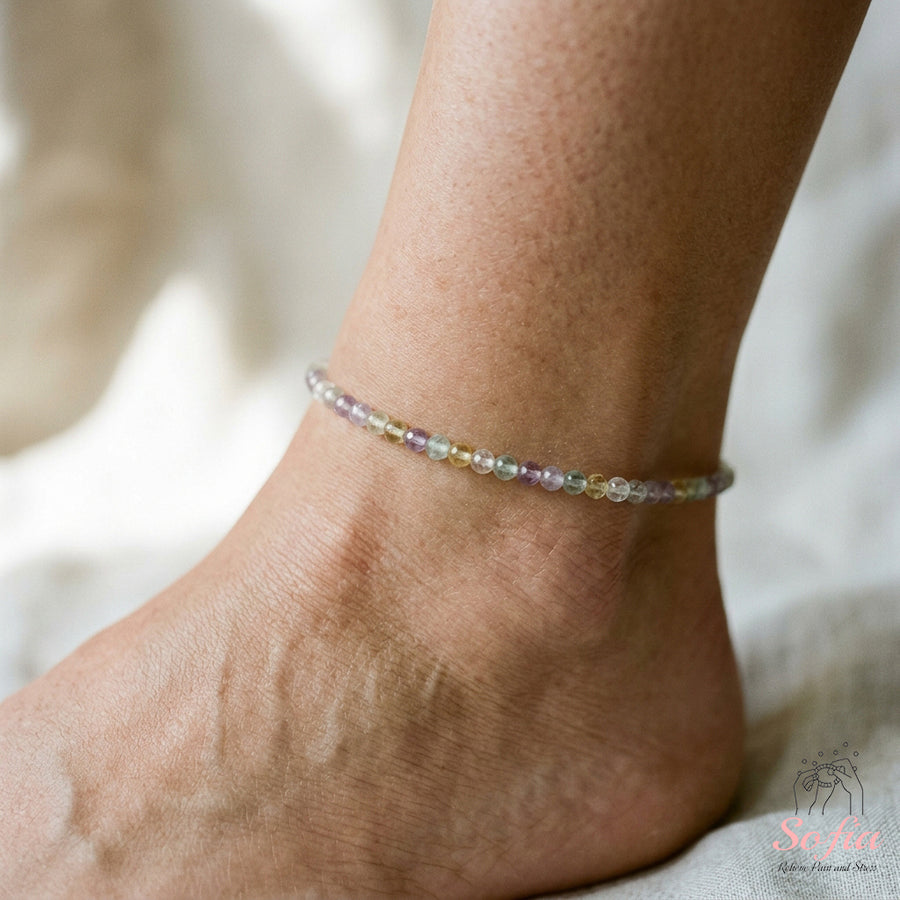 Rainbow Fluorite Anklet | 3MM Faceted Beads | Dainty Summer Styling Accessories