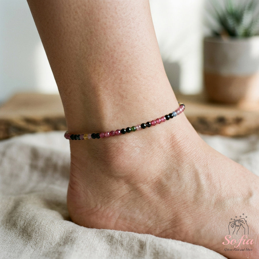 Rainbow Tourmaline Anklet | 3MM Faceted Beads | Dainty Summer Styling Accessories